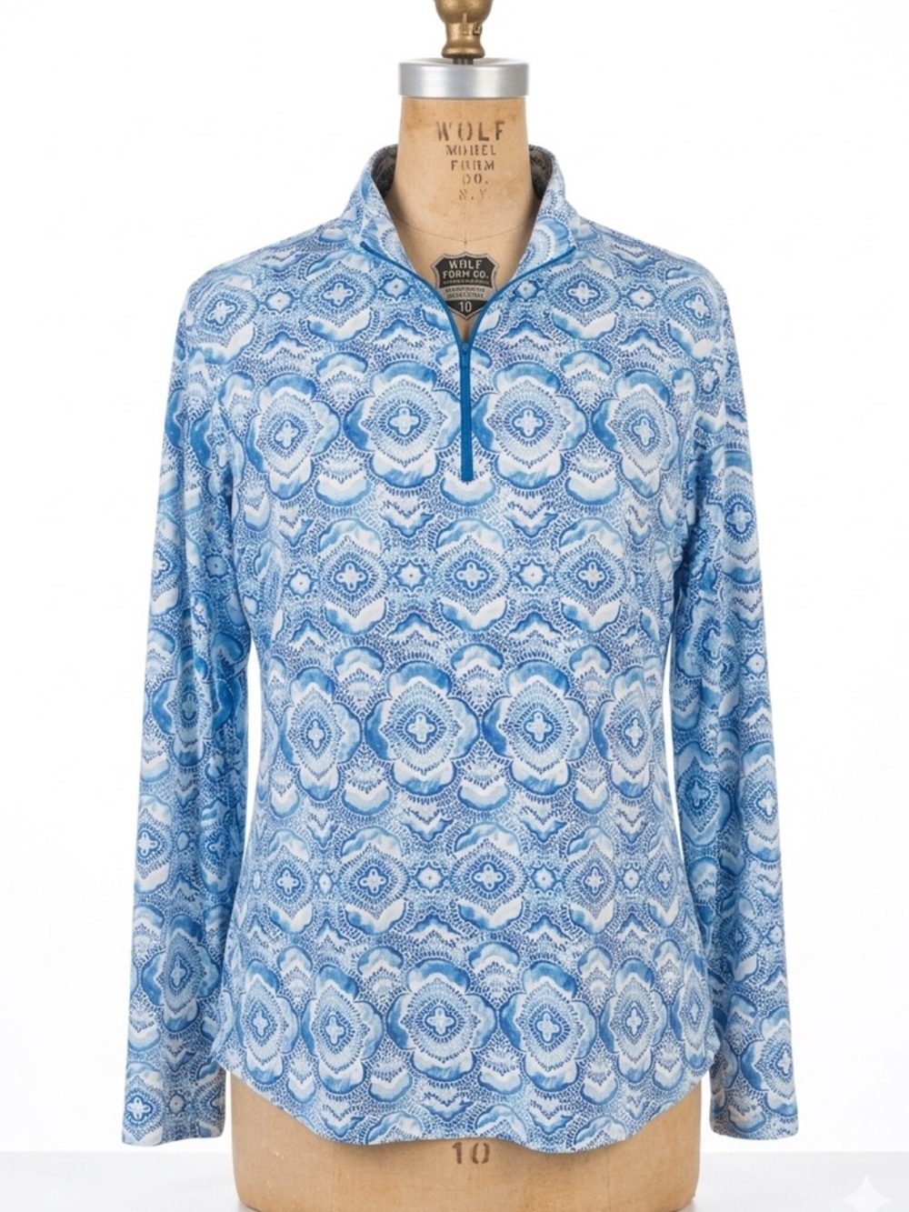 IBKUL Long Sleeve Mock Neck Top 1/4 Zip Pullover Blue Watercolor Sz L Summer
